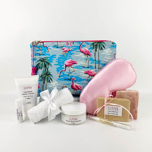 Skincare and Large Flamingo Print Makeup Pouch Gift Set