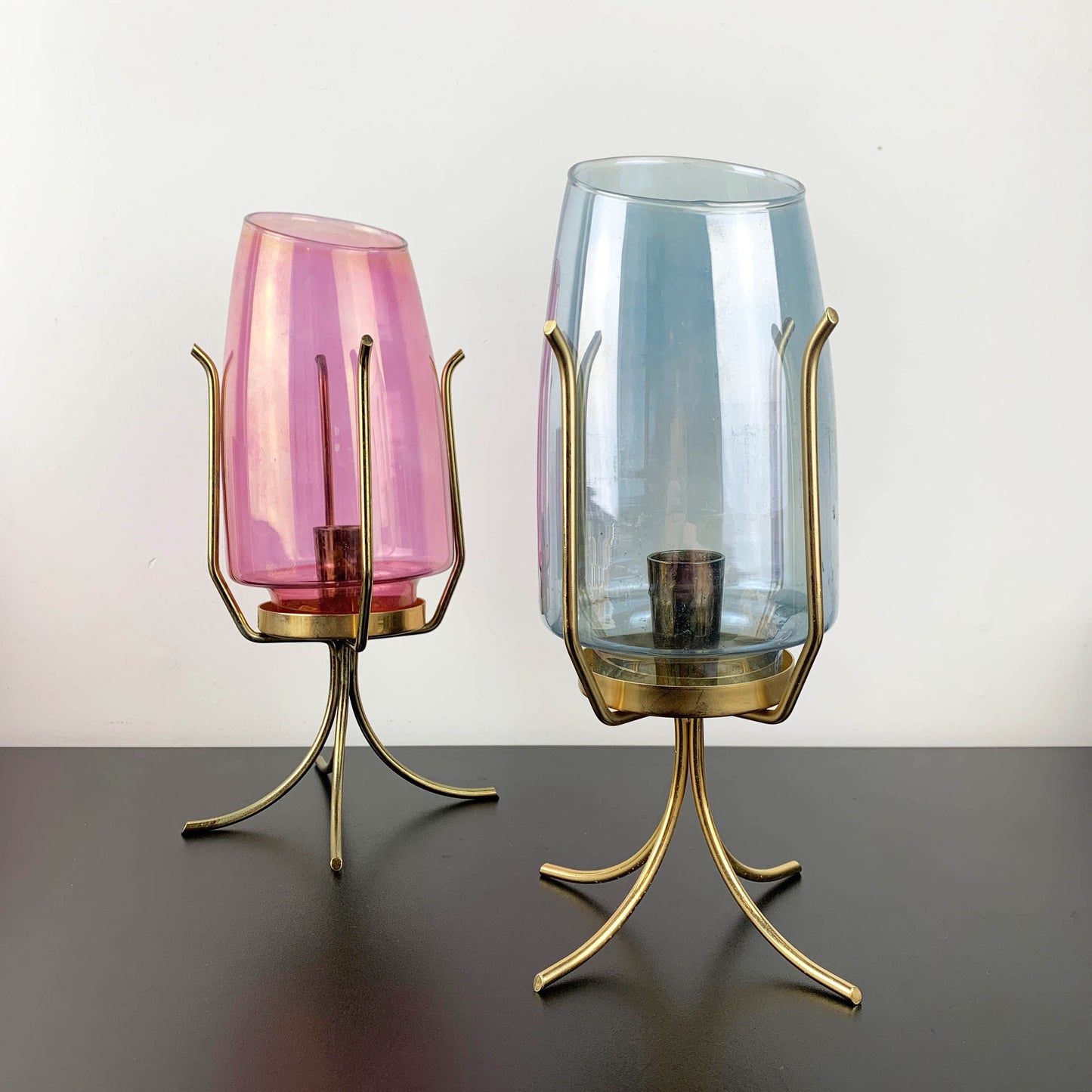 Atomic Lustre Glass Hurricane Candle Holder on Brass Legs