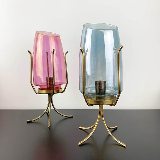 Atomic Lustre Glass Hurricane Candle Holder on Brass Legs
