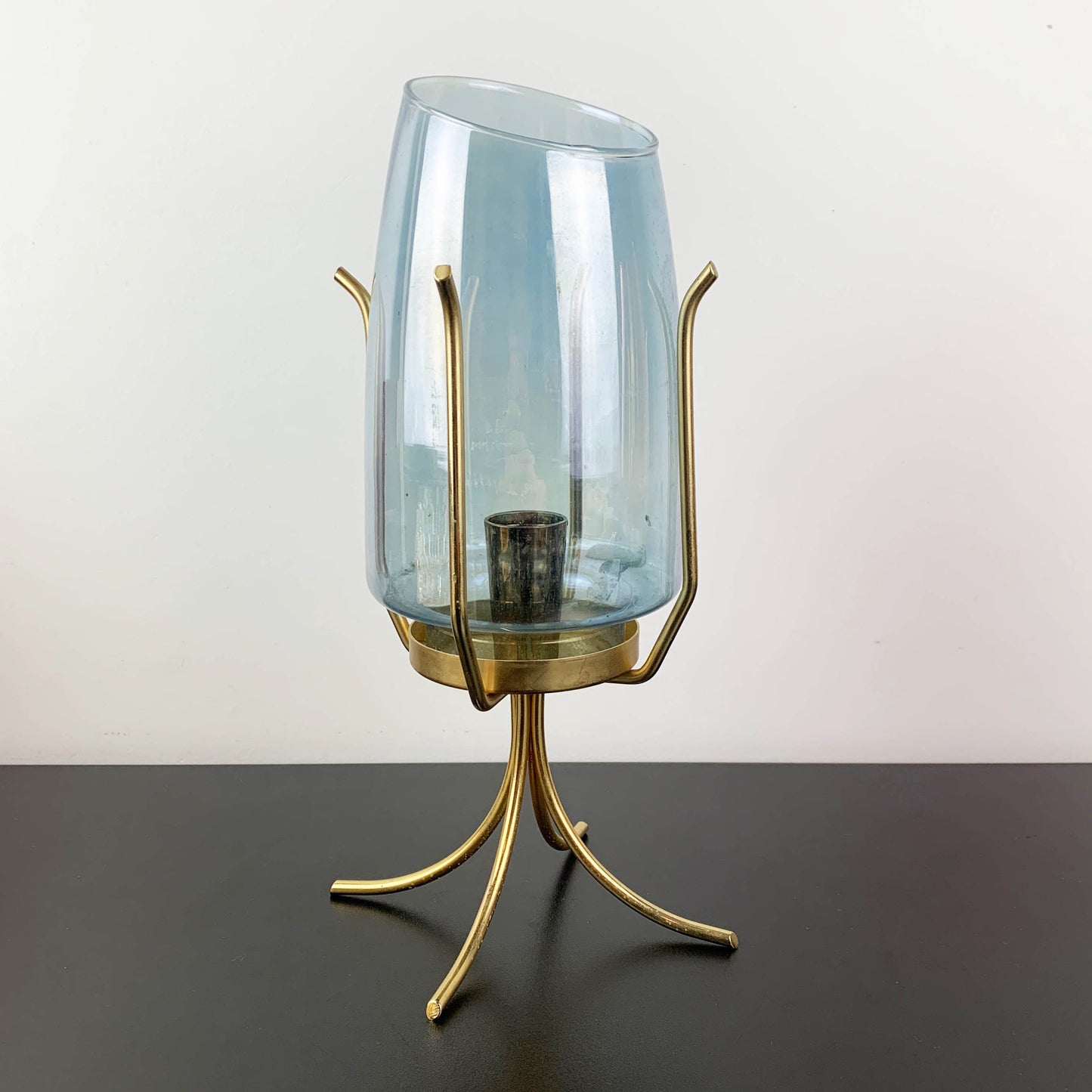Atomic Lustre Glass Hurricane Candle Holder on Brass Legs