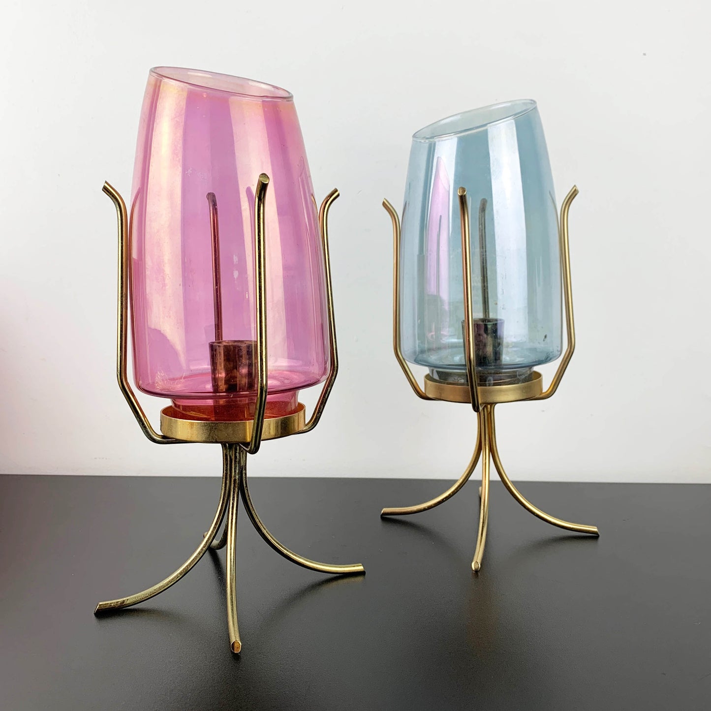 Atomic Lustre Glass Hurricane Candle Holder on Brass Legs