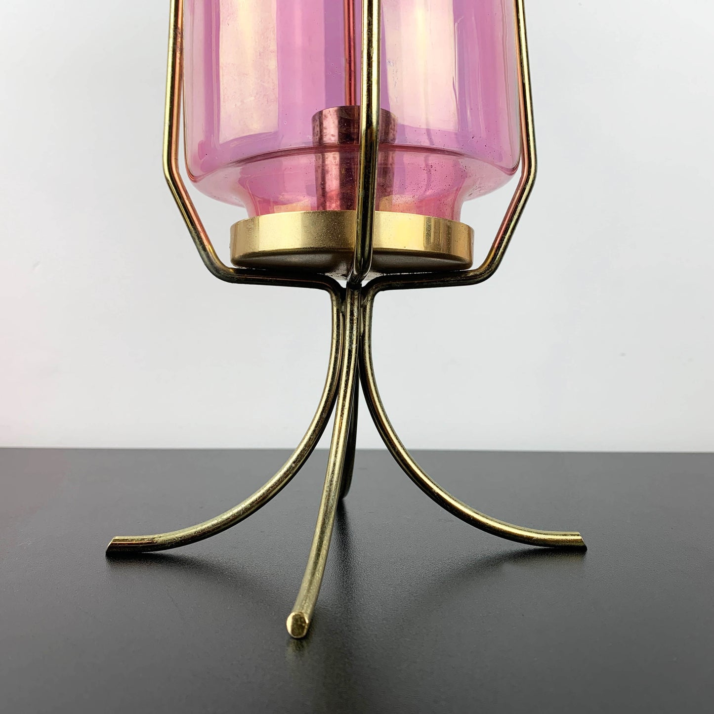 Atomic Lustre Glass Hurricane Candle Holder on Brass Legs