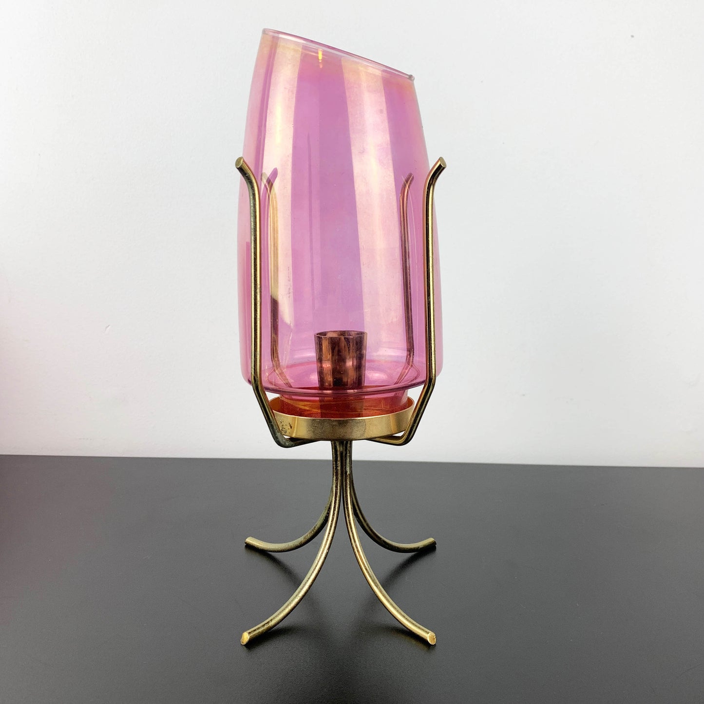 Atomic Lustre Glass Hurricane Candle Holder on Brass Legs