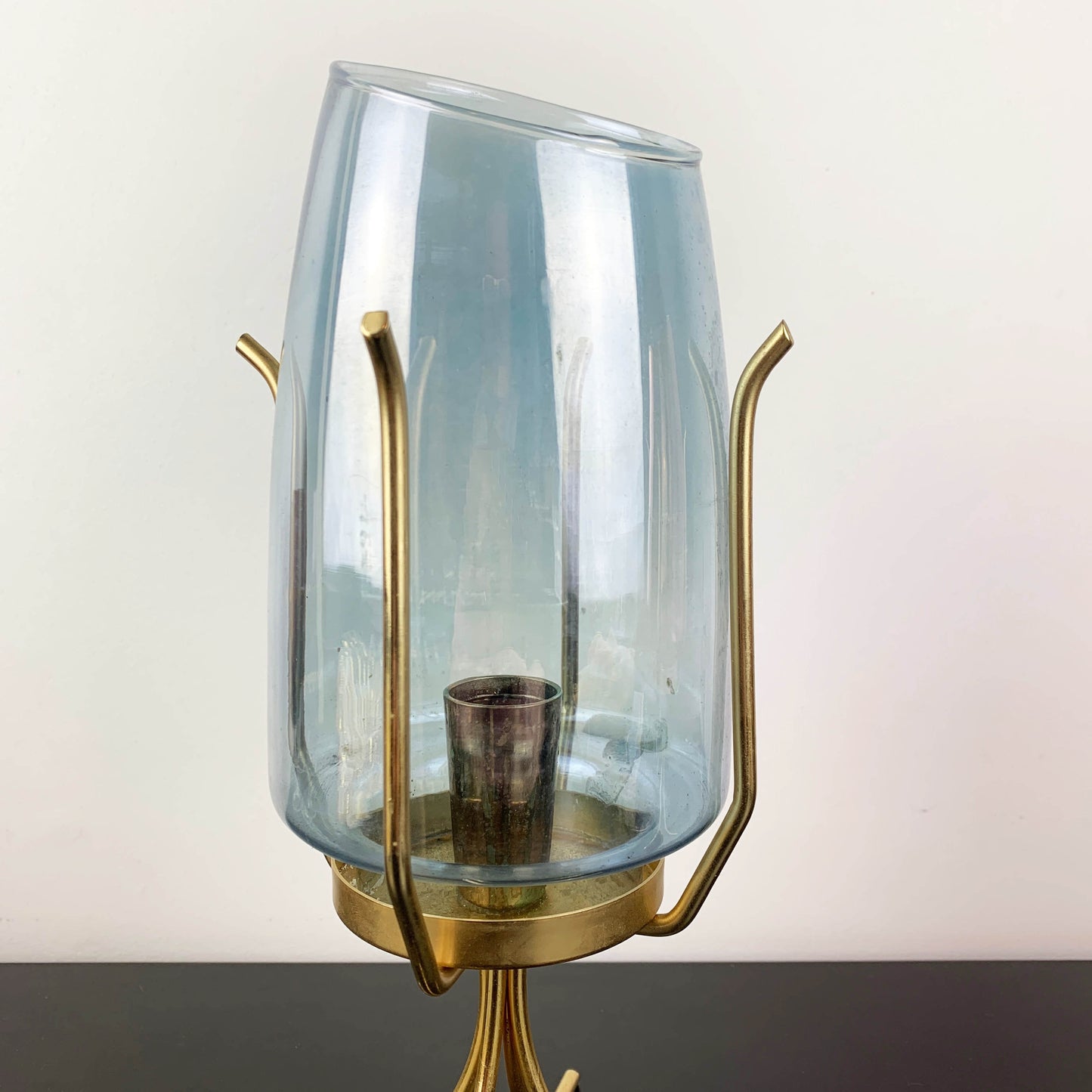 Atomic Lustre Glass Hurricane Candle Holder on Brass Legs