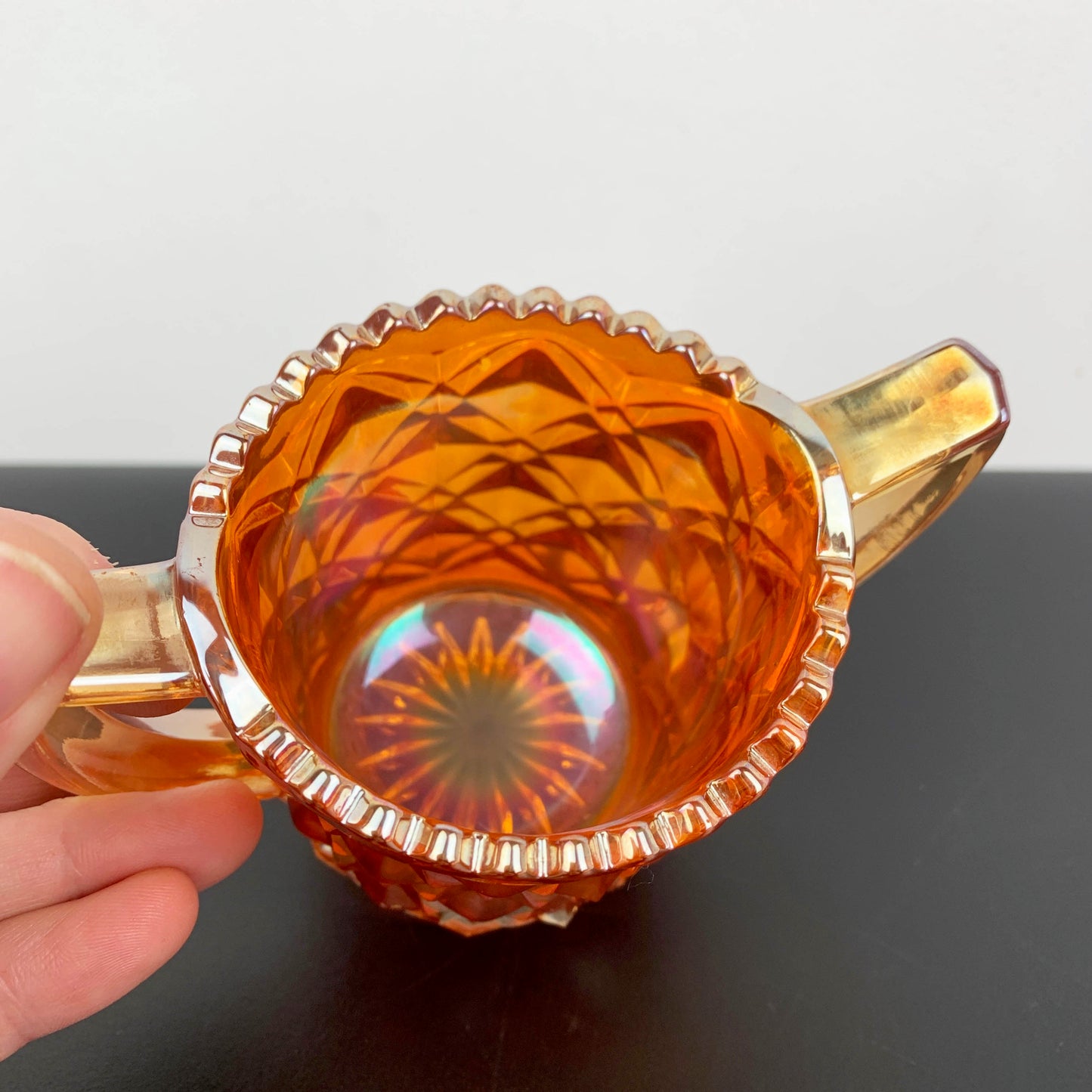 Marigold Carnival Glass Twin Handled Sugar Bowl