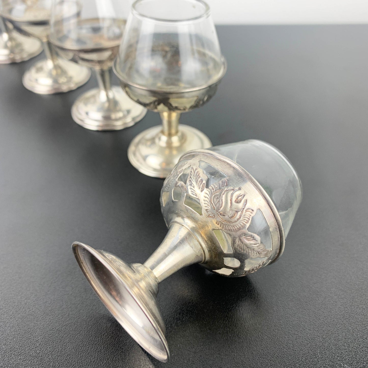 Mexican Sterling Silver 925 Miniature Stemmed Liqueur Glass Set