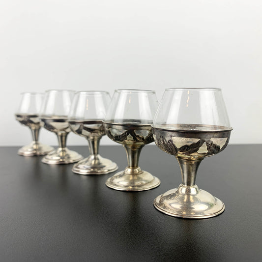 Mexican Sterling Silver 925 Miniature Stemmed Liqueur Glass Set