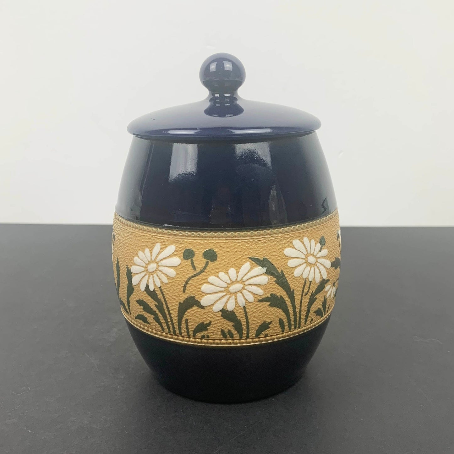 Langley Pottery Daisy lidded jar in blue
