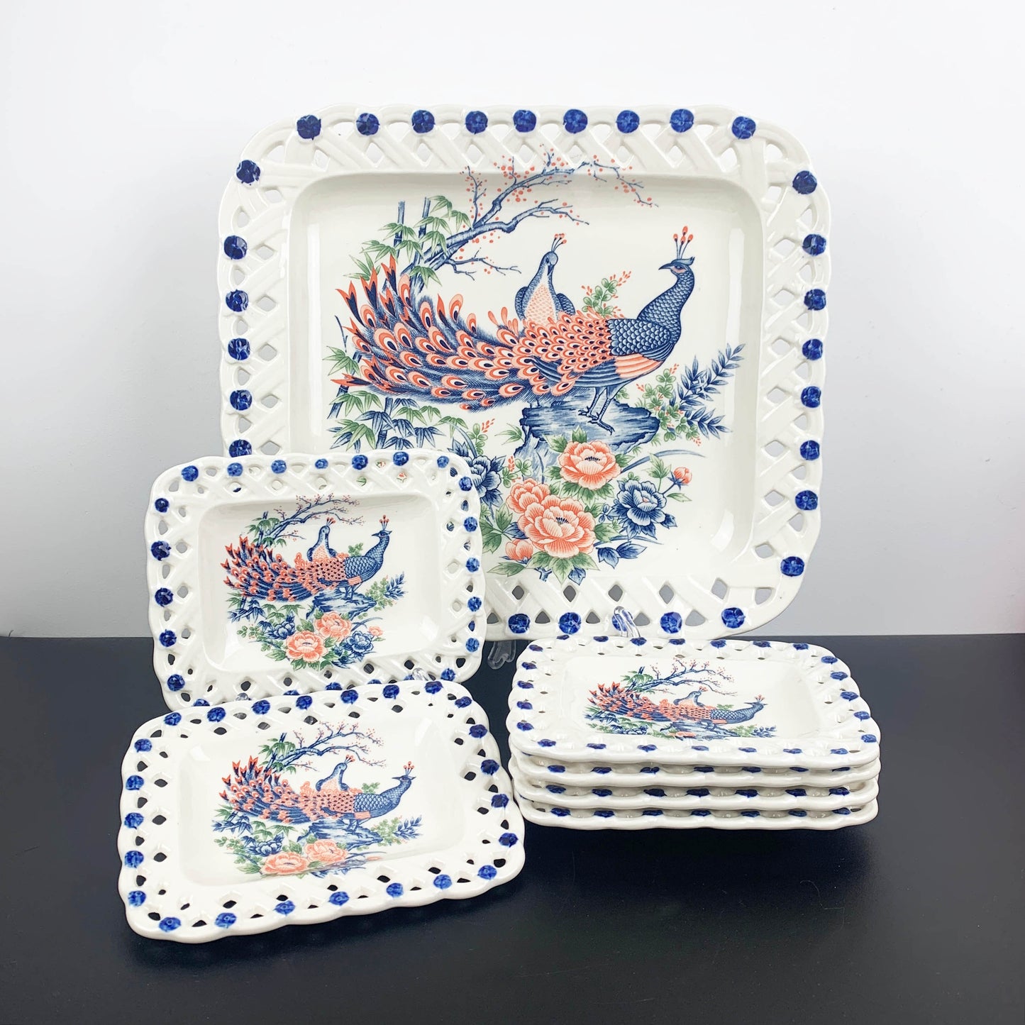 Peacock ceramic dessert serving set - 7 piece in original box