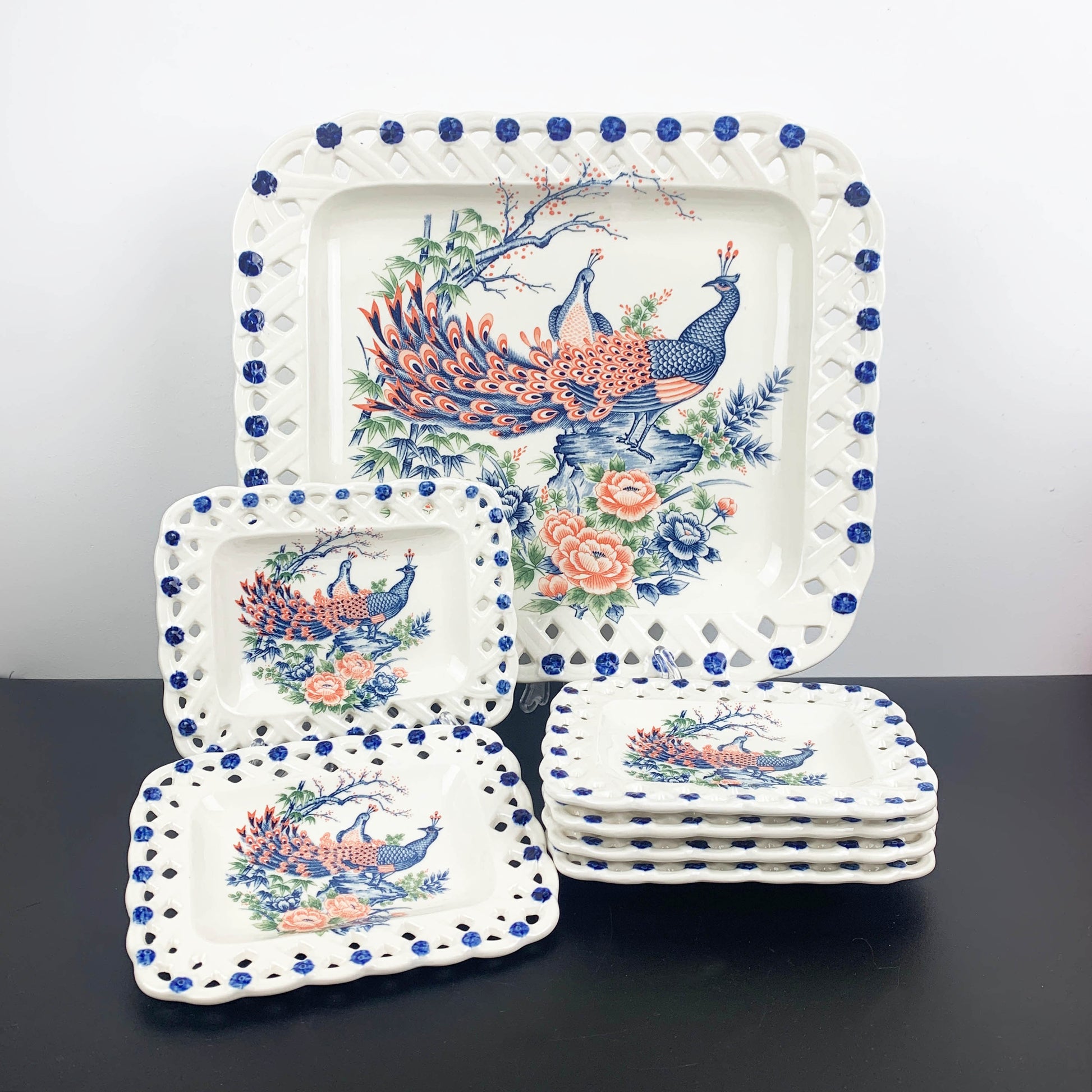 Peacock ceramic dessert serving set - 7 piece in original box