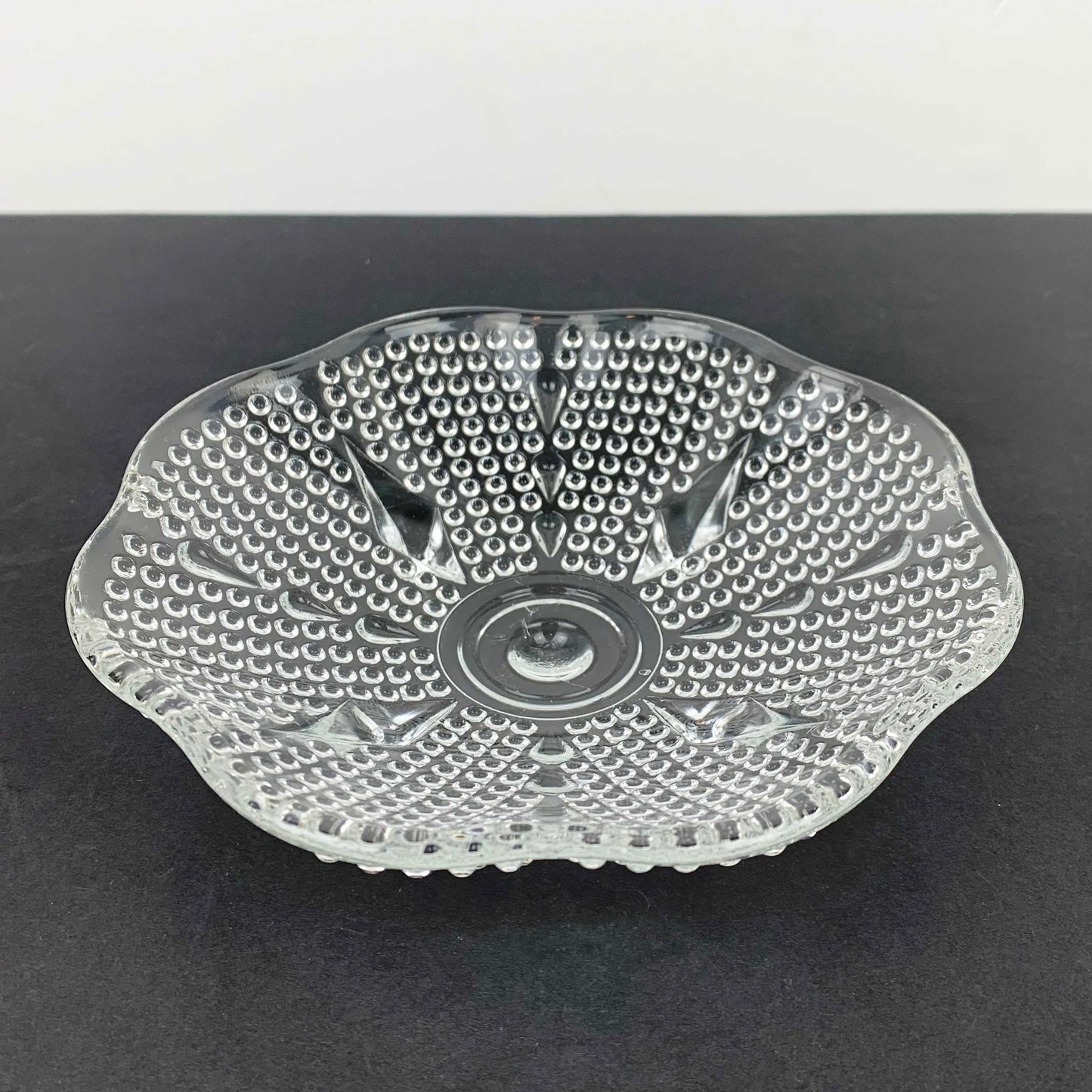 Hazel-Atlas hobnail footed plate with scalloped rim