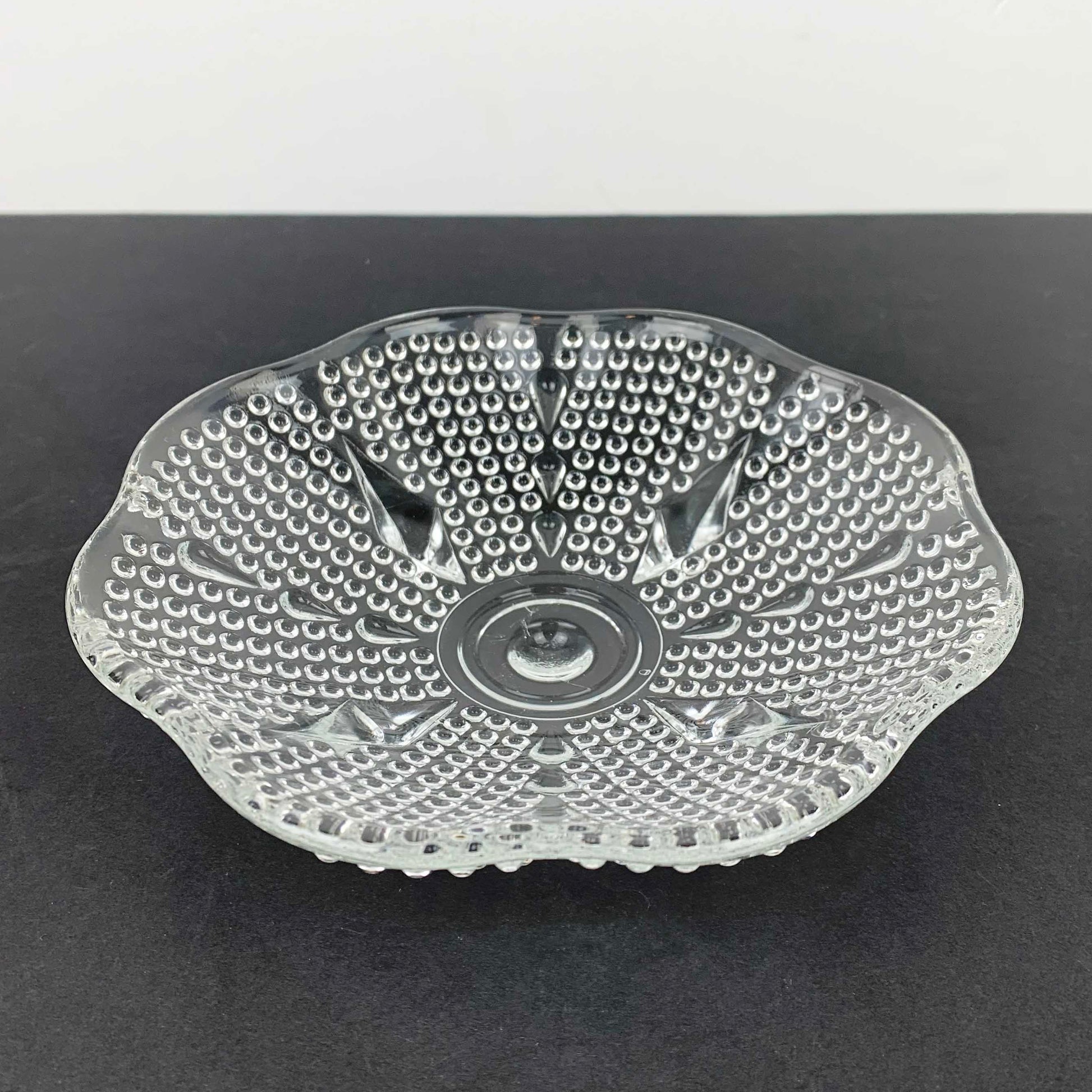 Hazel-Atlas hobnail footed plate with scalloped rim