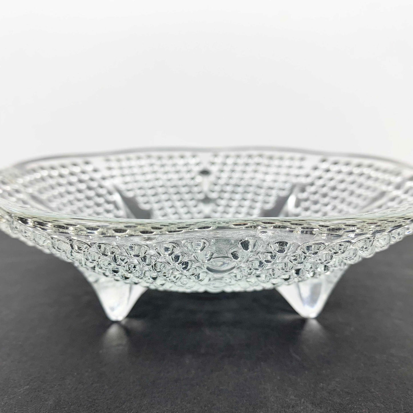 Hazel-Atlas hobnail footed trinket dish side view