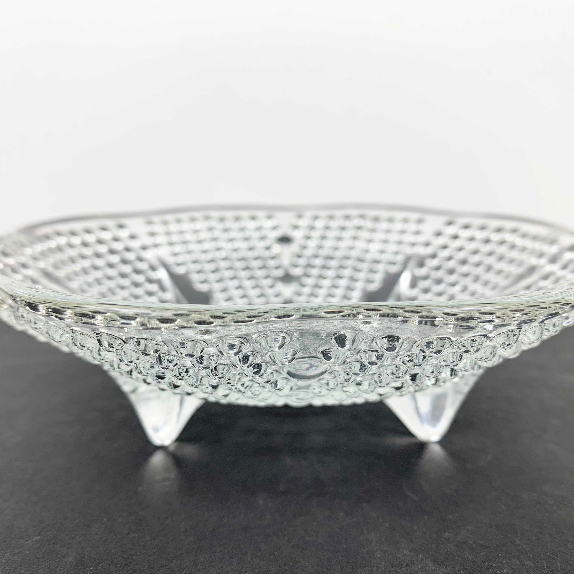 Hazel-Atlas hobnail footed trinket dish side view