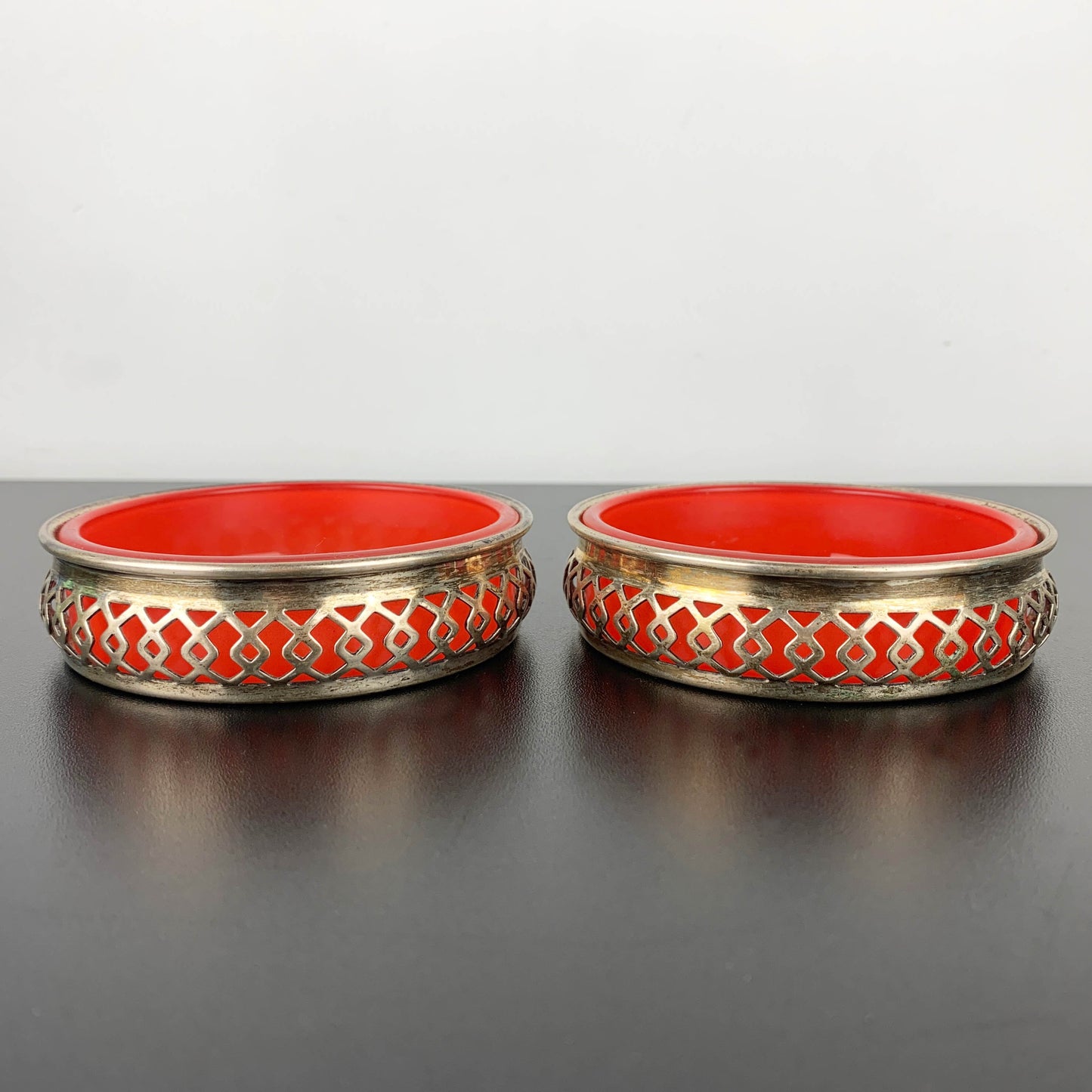 Silver Plated Bottle Coaster/Condiment Bowl with Red Glass Inserts: Set of 2