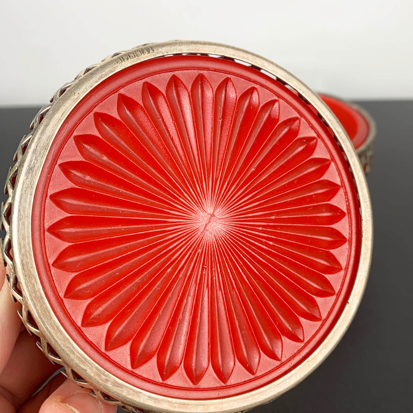 Silver Plated Bottle Coaster/Condiment Bowl with Red Glass Inserts: Set of 2