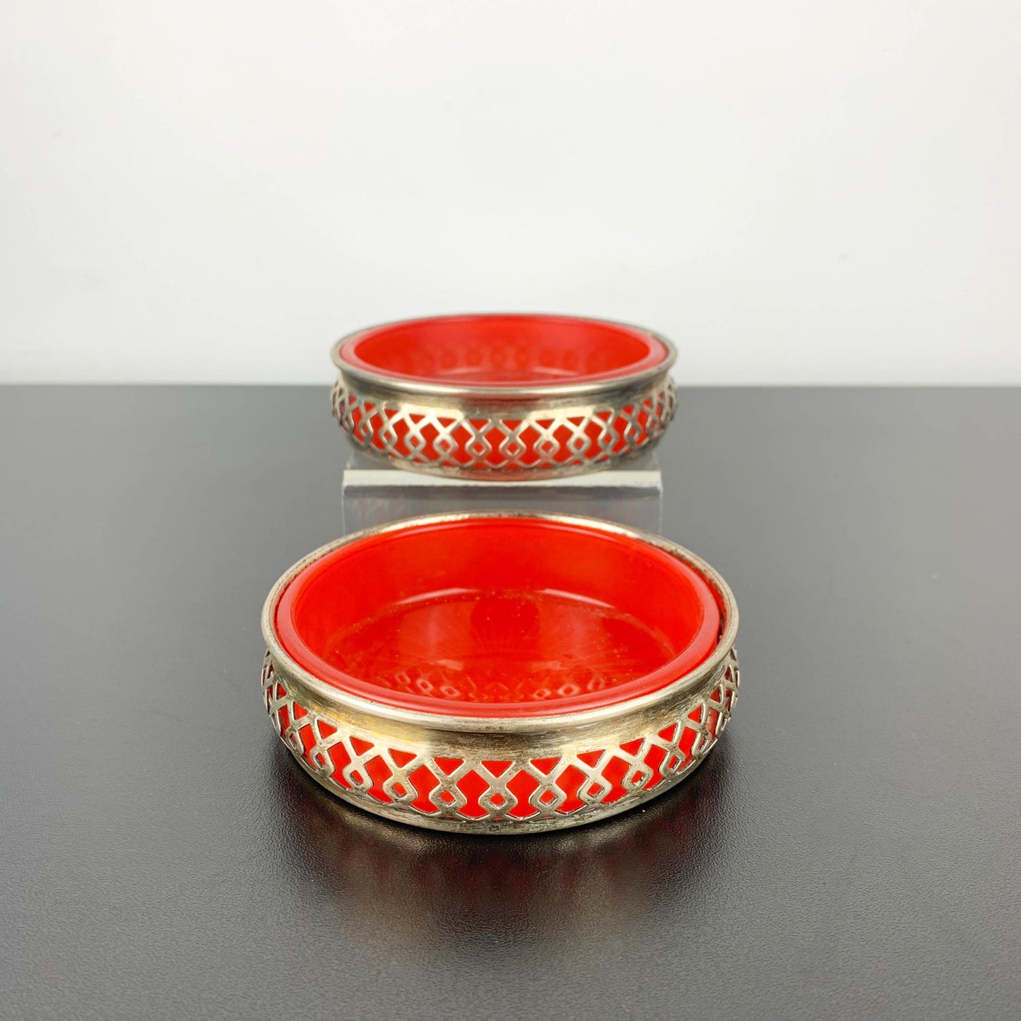Silver Plated Bottle Coaster/Condiment Bowl with Red Glass Inserts: Set of 2