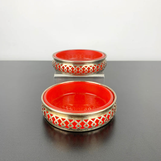 Silver Plated Bottle Coaster/Condiment Bowl with Red Glass Inserts: Set of 2