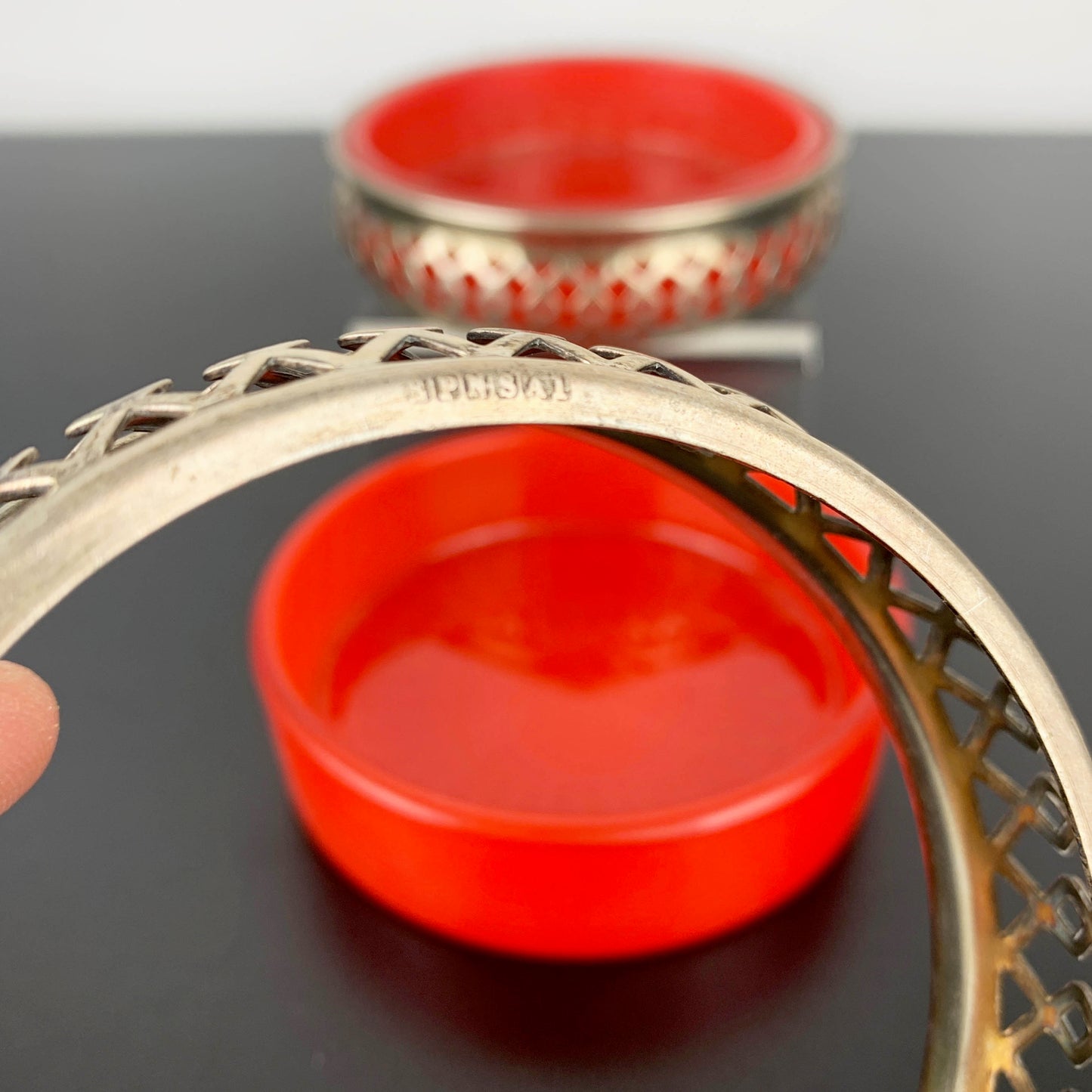 Silver Plated Bottle Coaster/Condiment Bowl with Red Glass Inserts: Set of 2
