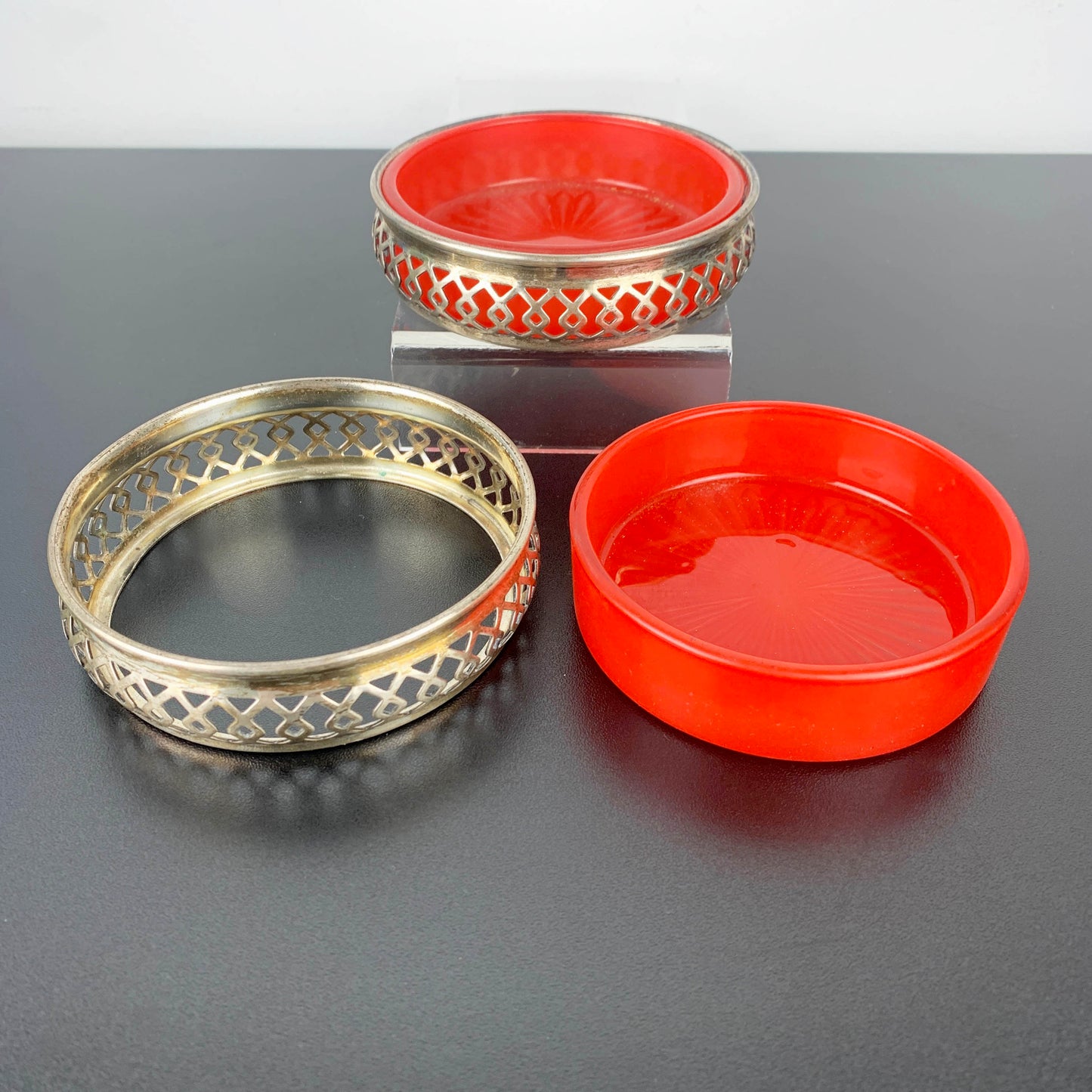 Silver Plated Bottle Coaster/Condiment Bowl with Red Glass Inserts: Set of 2