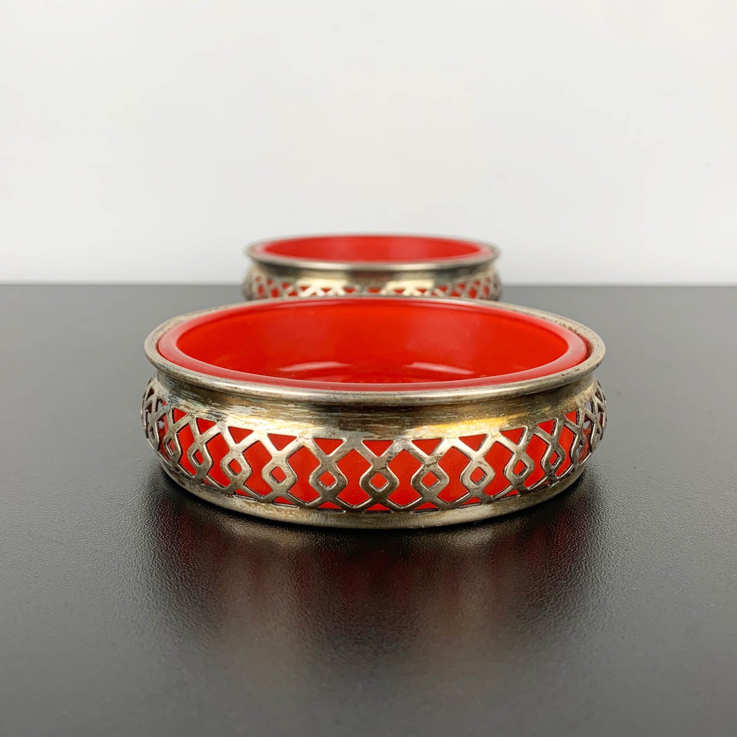 Silver Plated Bottle Coaster/Condiment Bowl with Red Glass Inserts: Set of 2