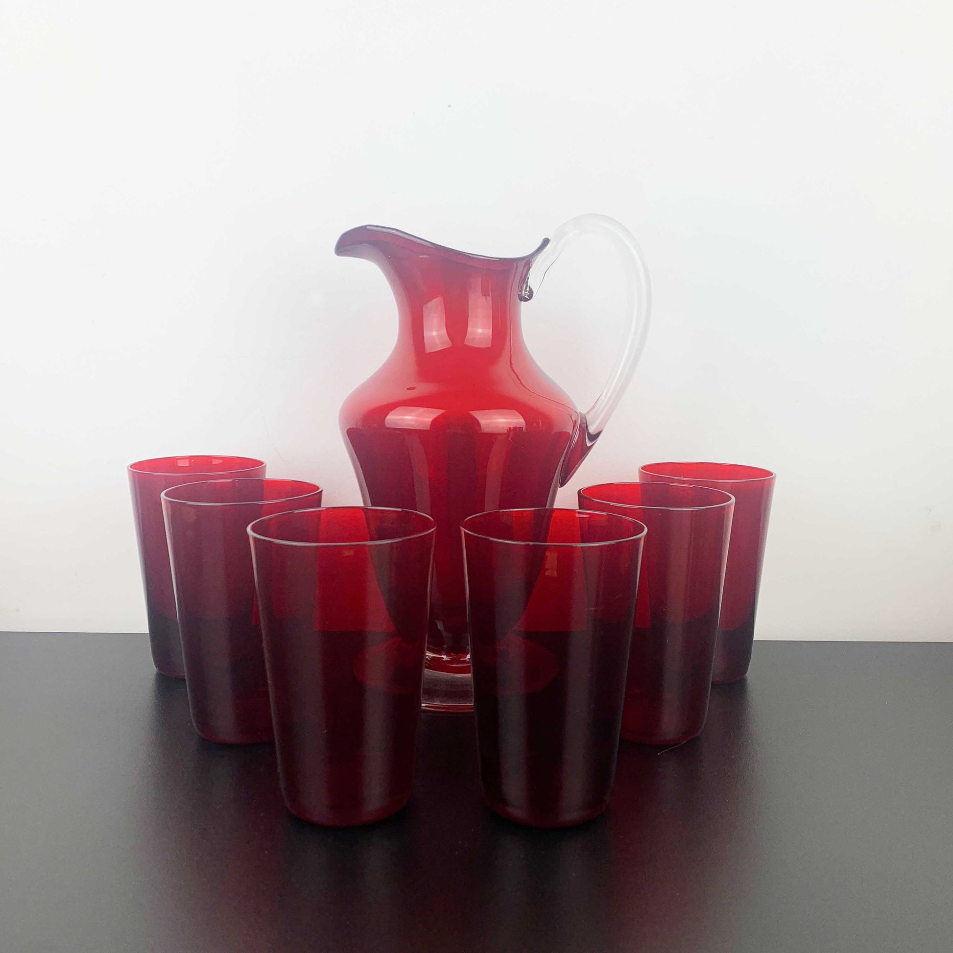 Mid century ruby red glass lemonade and cocktail set
