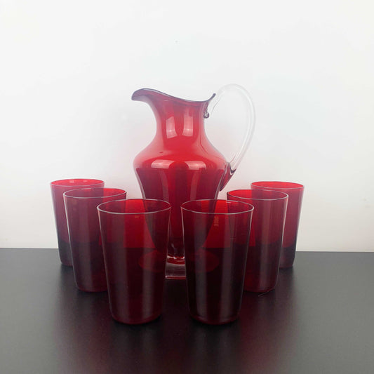 Mid century ruby red glass lemonade and cocktail set
