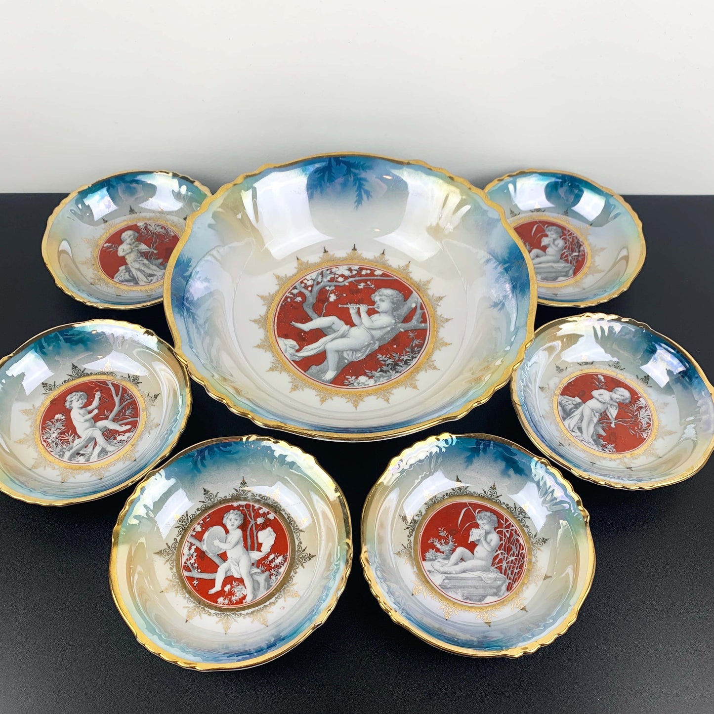 Silesia Porcelain Cherub Lustreware Dessert Bowl Set