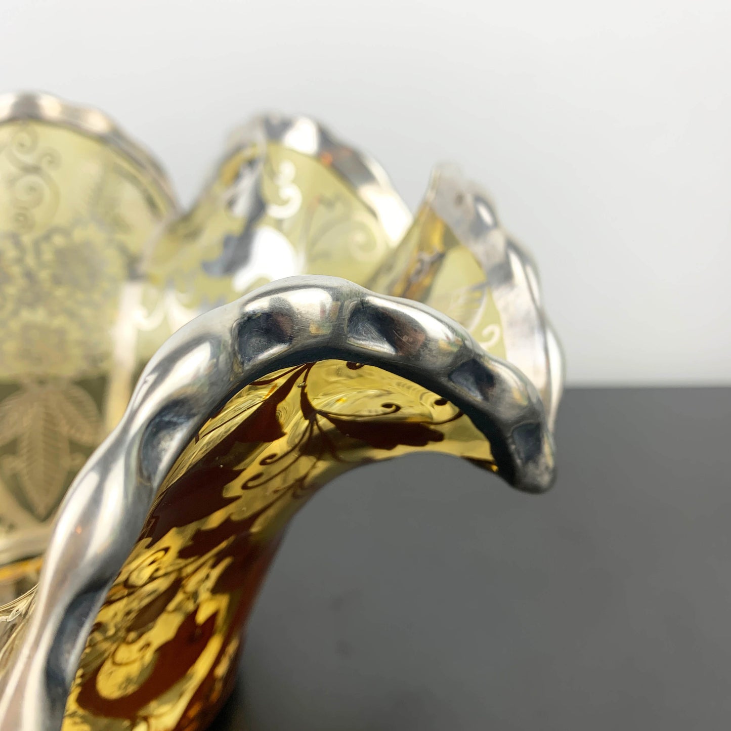Amber Glass Ruffled Centrepiece Bowl with Silver Overlay