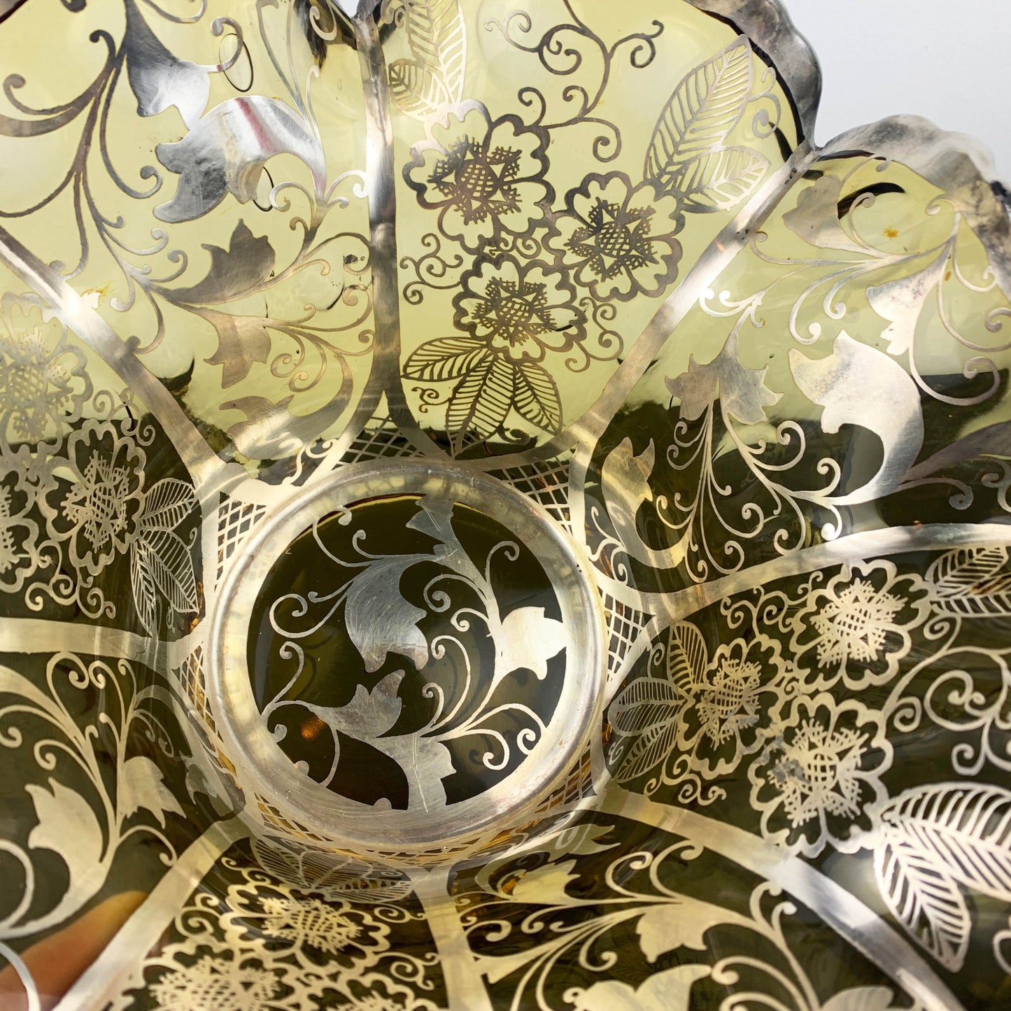 Amber Glass Ruffled Centrepiece Bowl with Silver Overlay