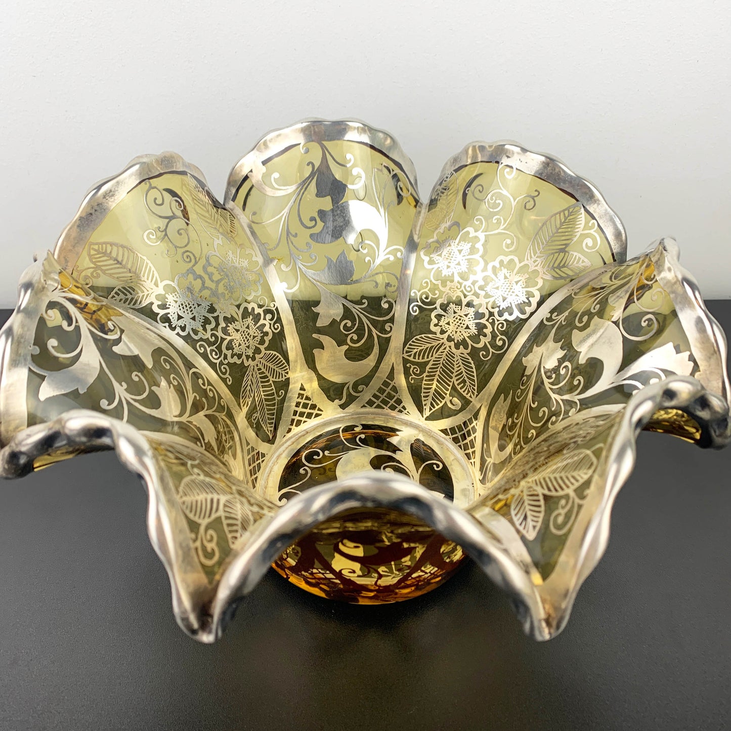 Amber Glass Ruffled Centrepiece Bowl with Silver Overlay
