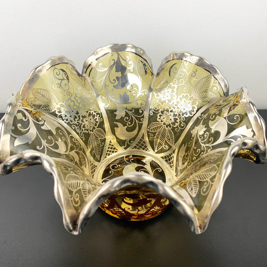 Amber Glass Ruffled Centrepiece Bowl with Silver Overlay