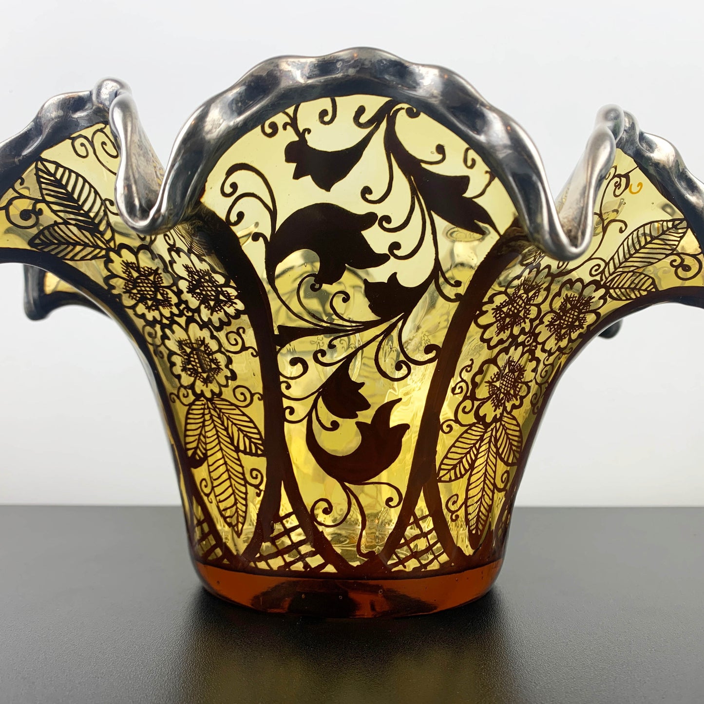 Amber Glass Ruffled Centrepiece Bowl with Silver Overlay
