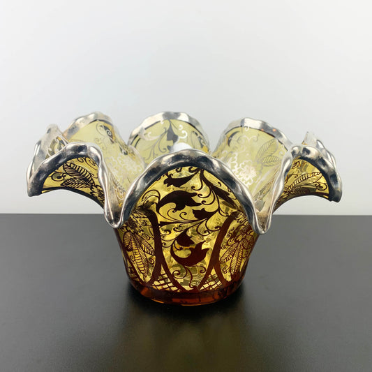 Amber Glass Ruffled Centrepiece Bowl with Silver Overlay
