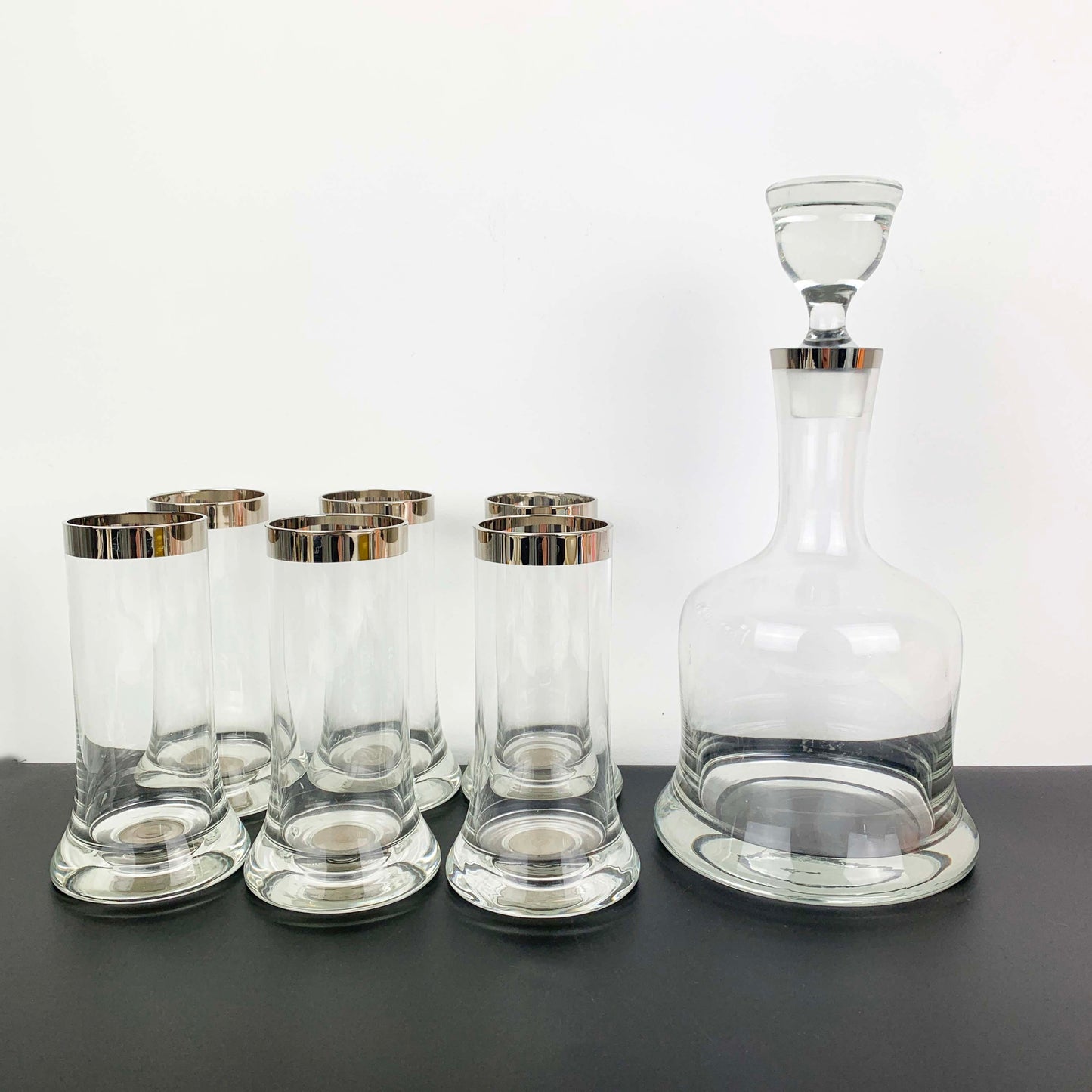 Platinum Rimmed Bell Decanter and Glass Set