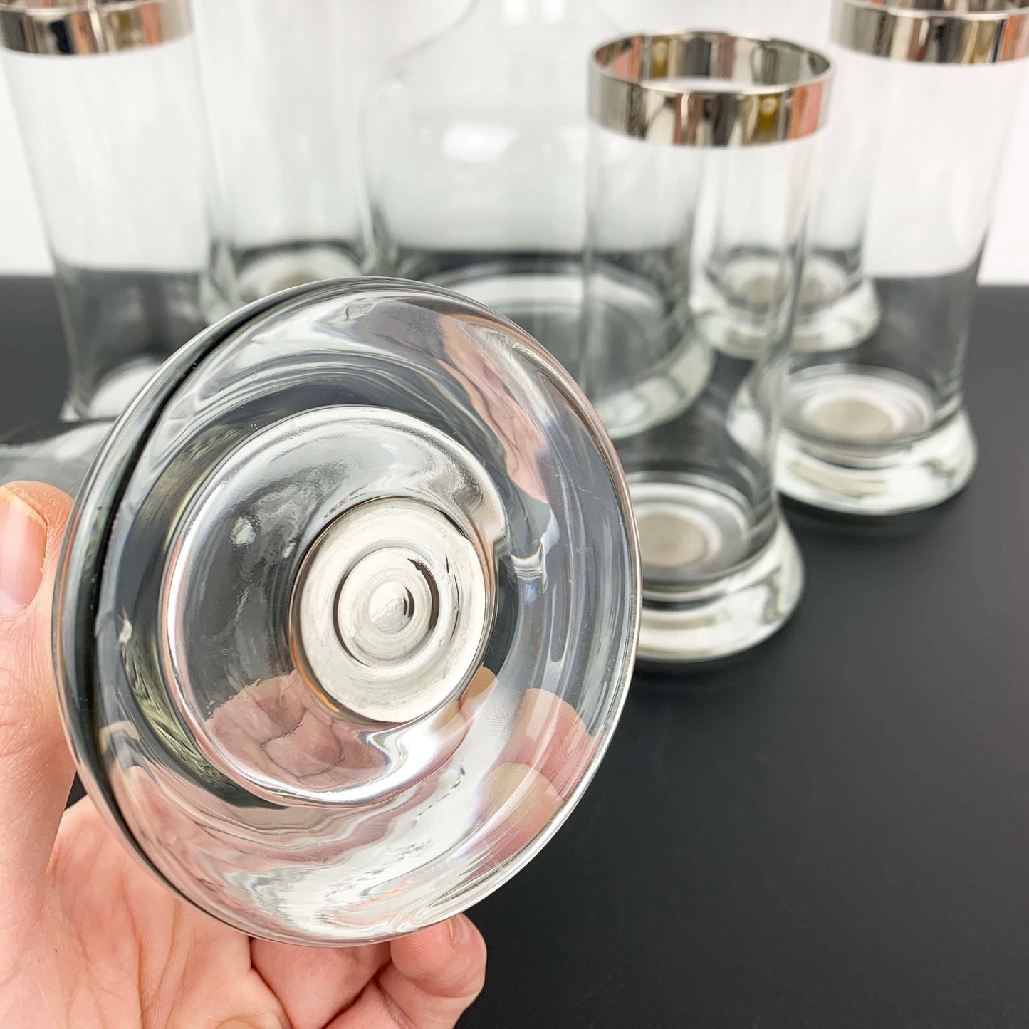 Platinum Rimmed Bell Decanter and Glass Set