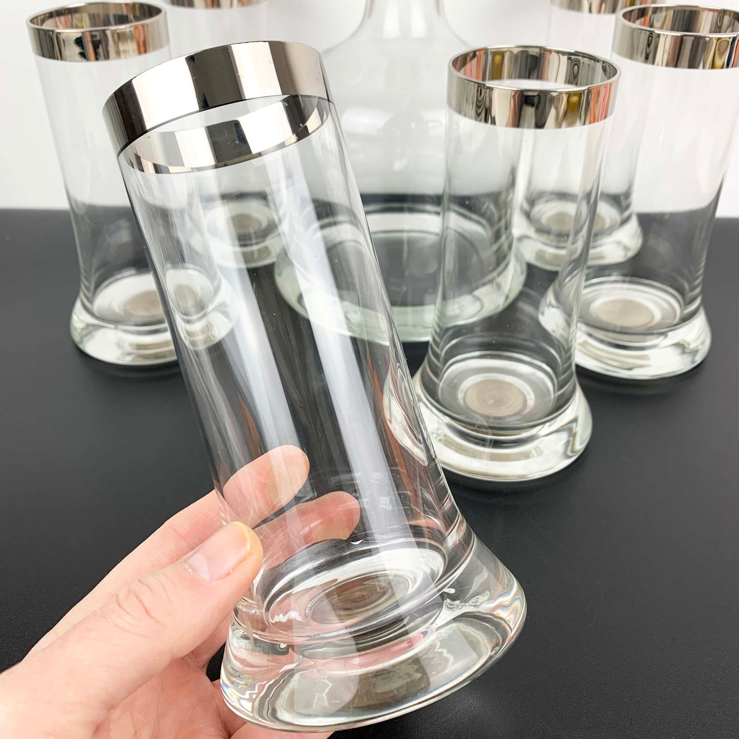 Platinum Rimmed Bell Decanter and Glass Set
