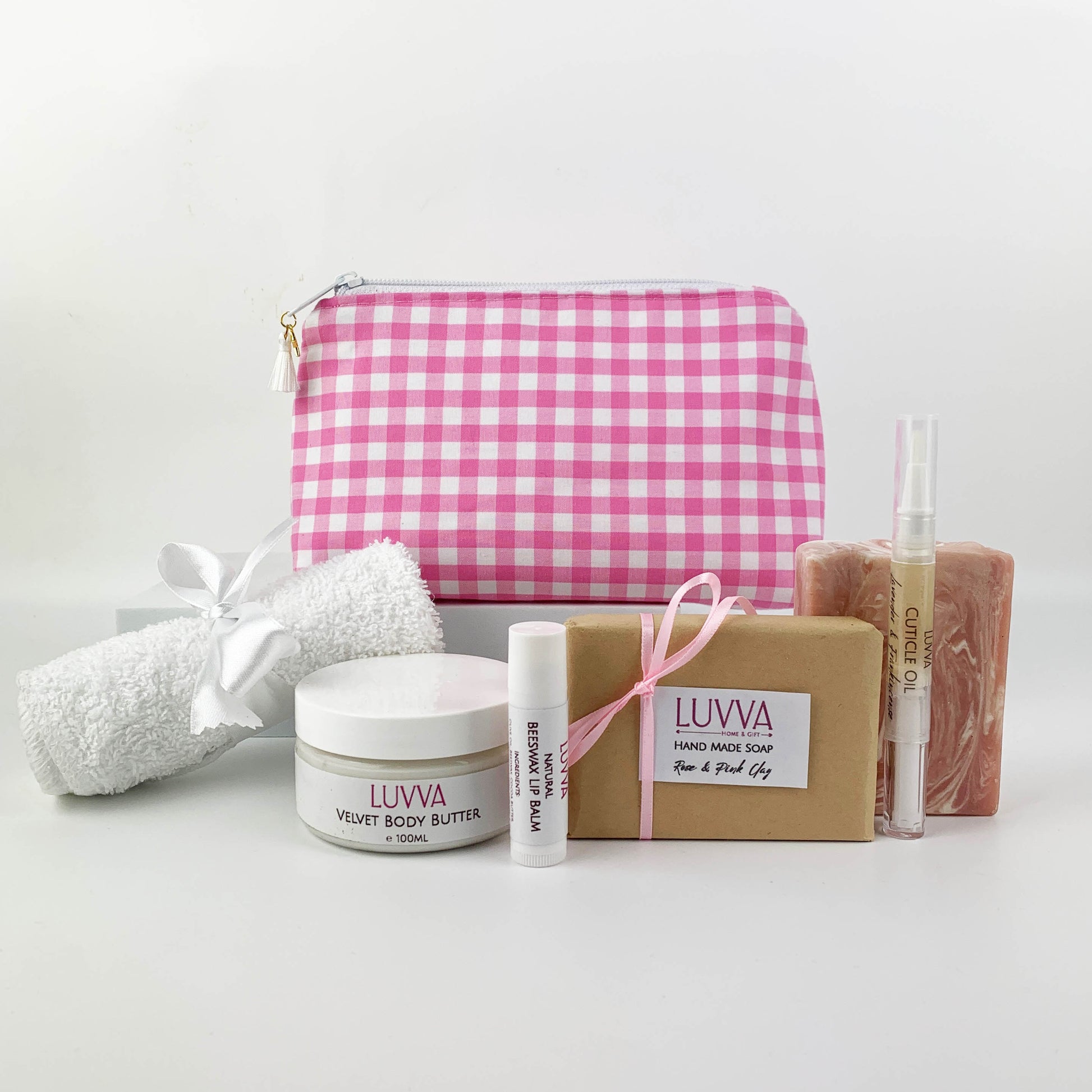 Skincare and Pink Gingham Makeup Pouch Gift Set