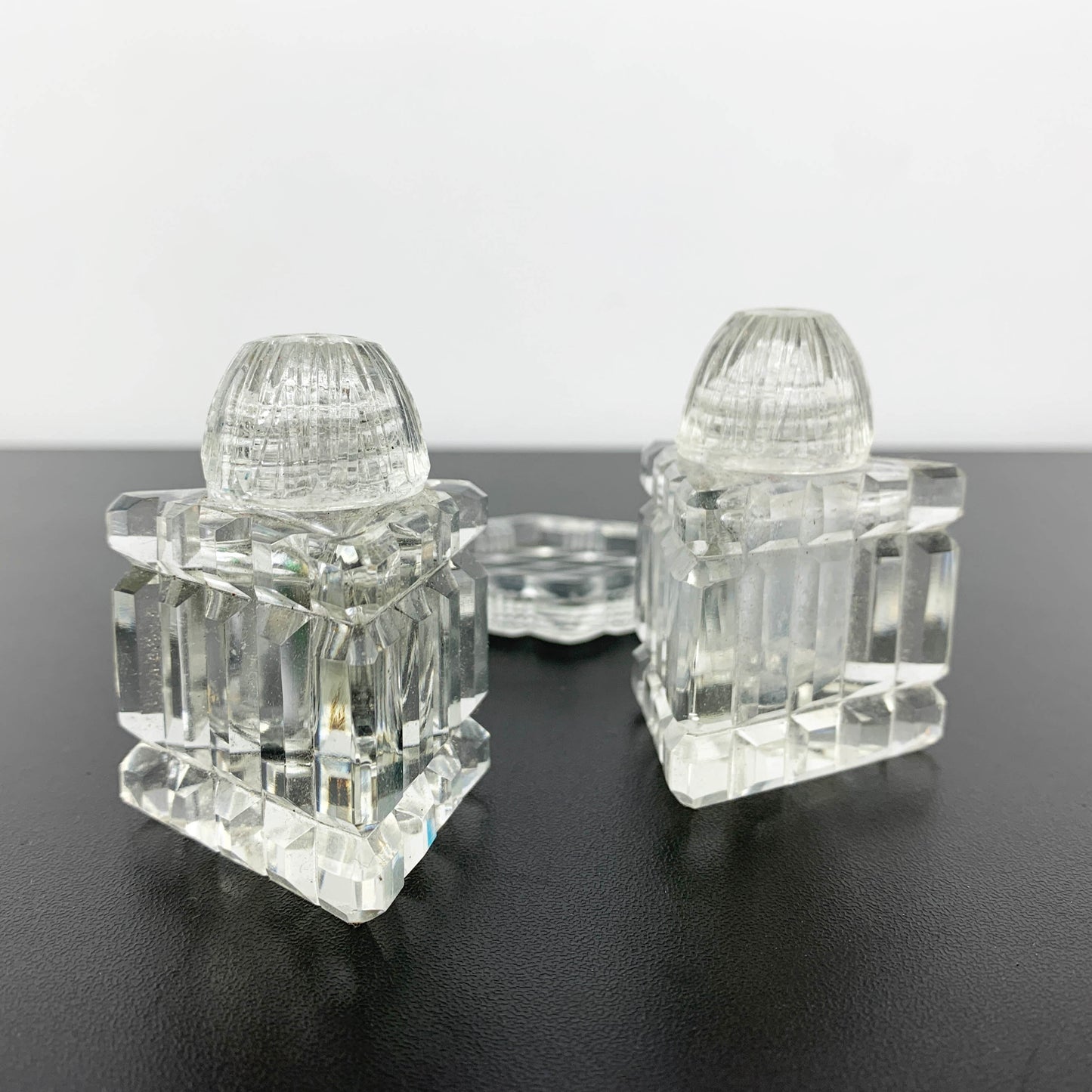 Glass Triangle Shaped Salt and Pepper Shaker Set on Tray