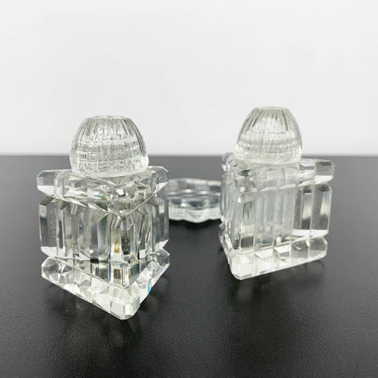 Glass Triangle Shaped Salt and Pepper Shaker Set on Tray