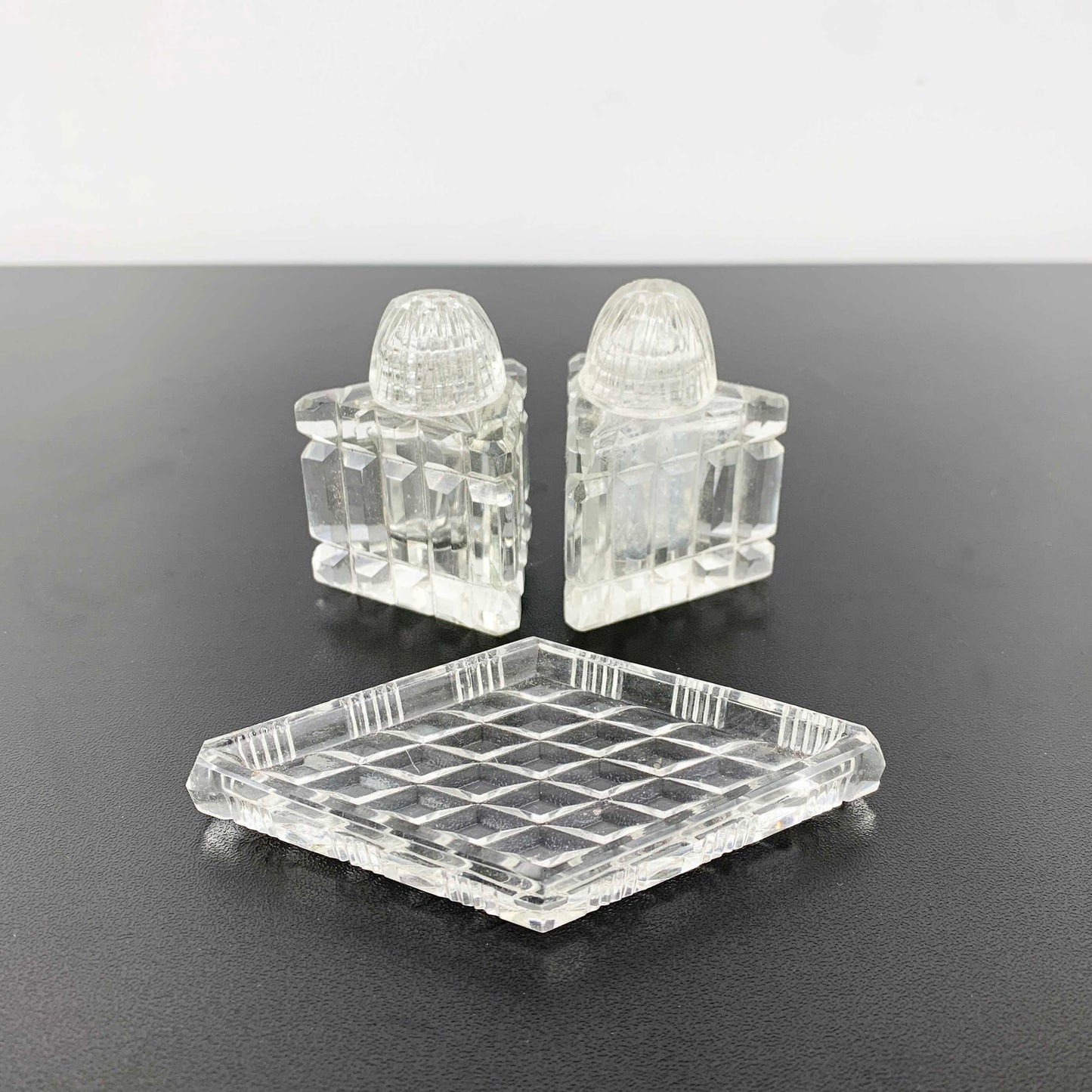 Glass Triangle Shaped Salt and Pepper Shaker Set on Tray