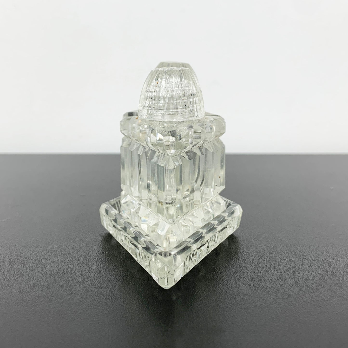 Glass Triangle Shaped Salt and Pepper Shaker Set on Tray