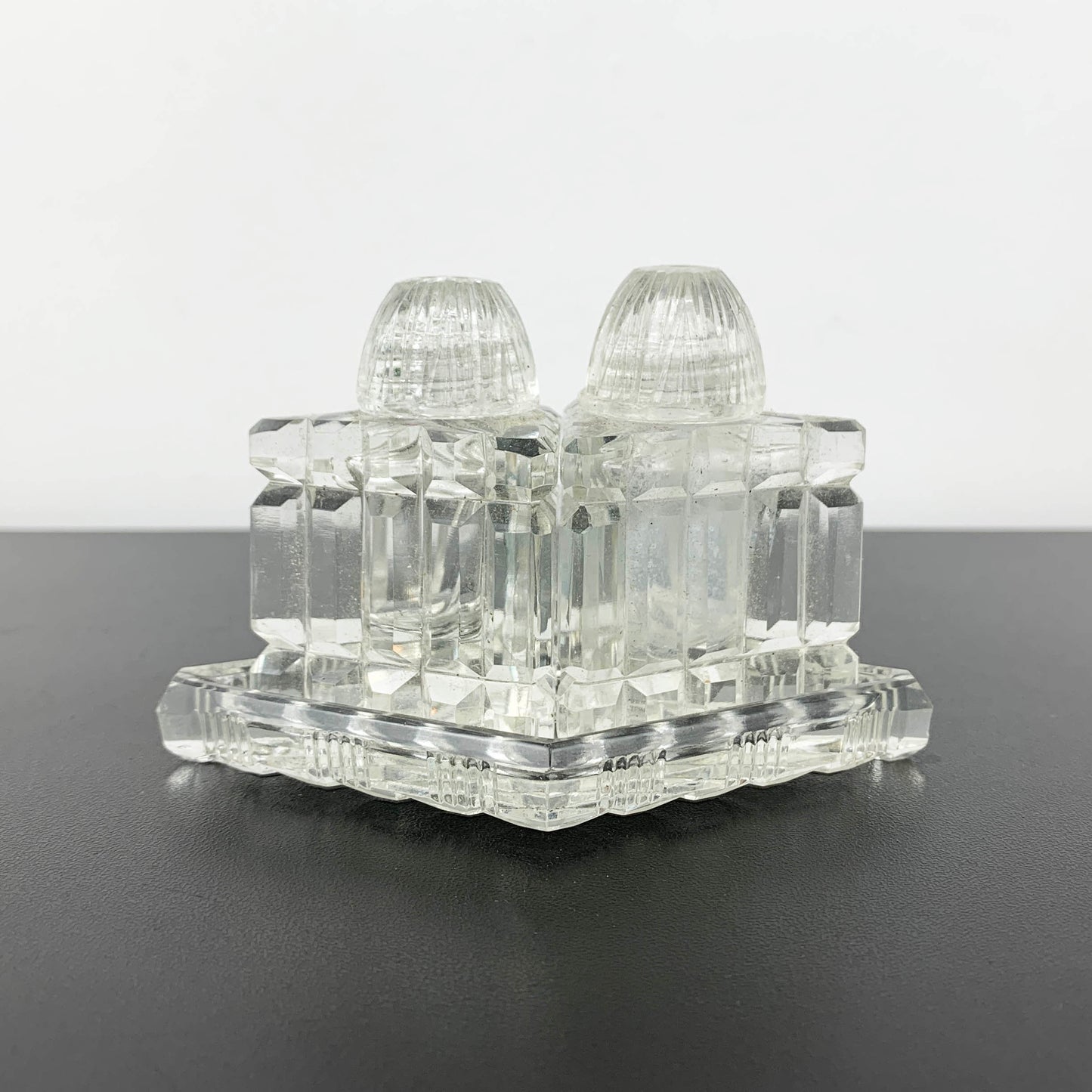 Glass Triangle Shaped Salt and Pepper Shaker Set on Tray
