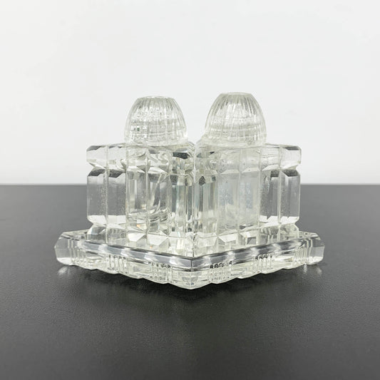 Glass Triangle Shaped Salt and Pepper Shaker Set on Tray
