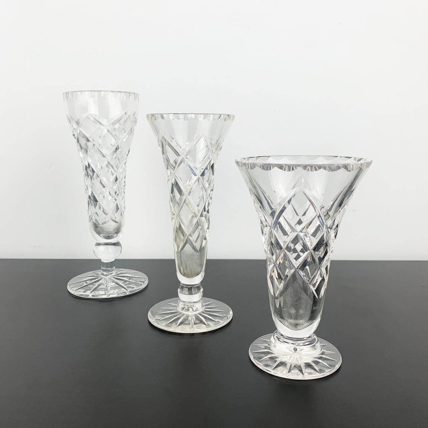 Diamond Cut Crystal Footed Trumpet Vase Set