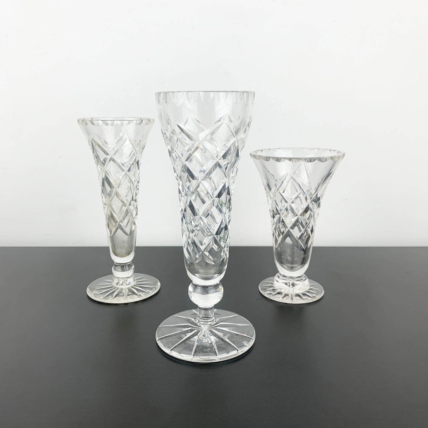 Diamond Cut Crystal Footed Trumpet Vase Set