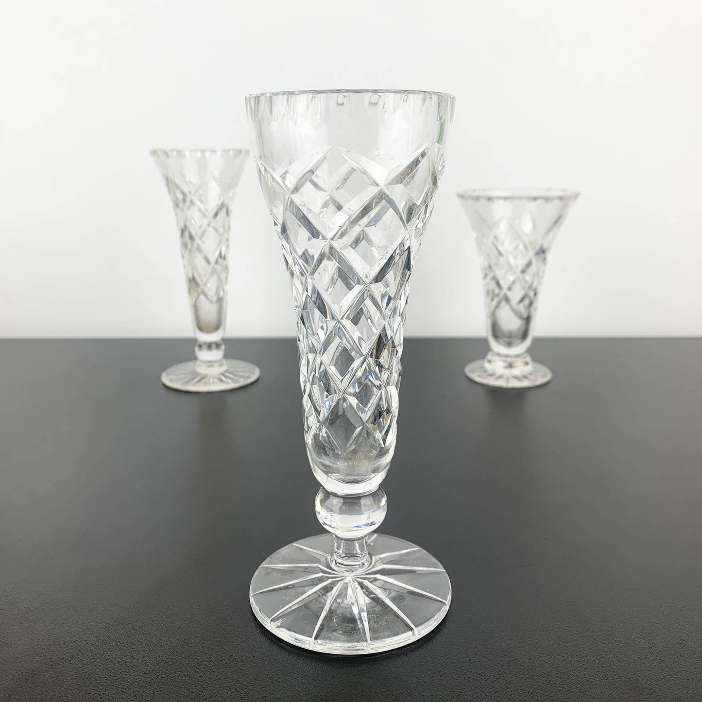 Diamond Cut Crystal Footed Trumpet Vase Set