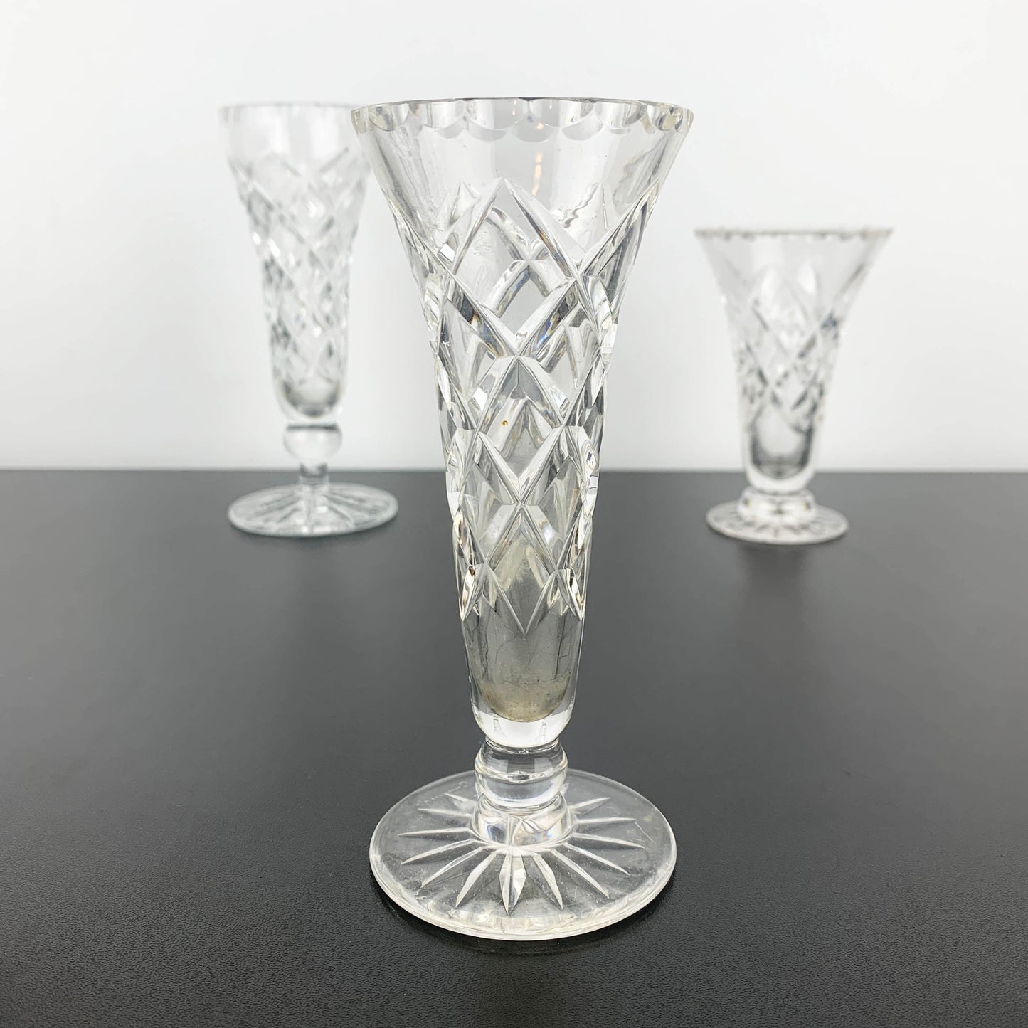 Diamond Cut Crystal Footed Trumpet Vase Set