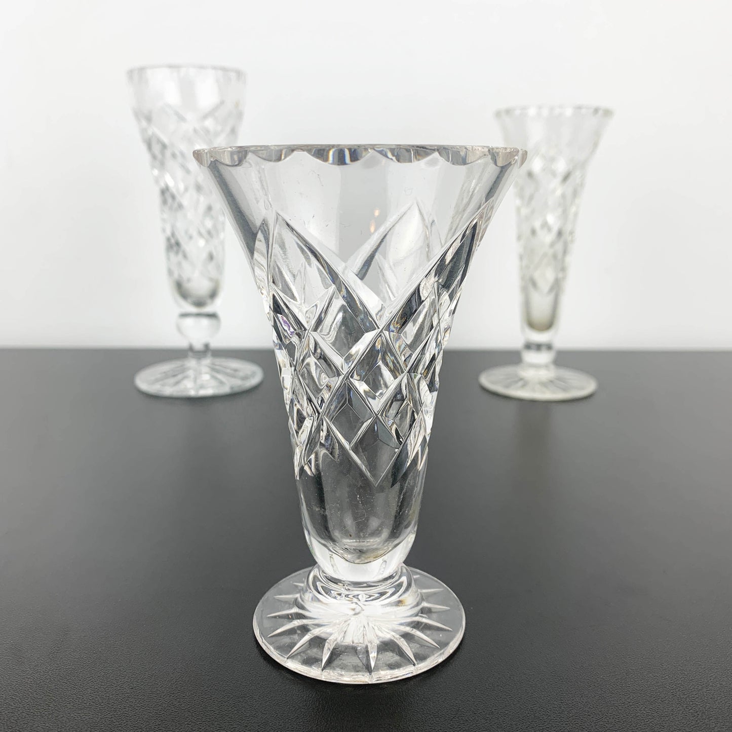 Diamond Cut Crystal Footed Trumpet Vase Set