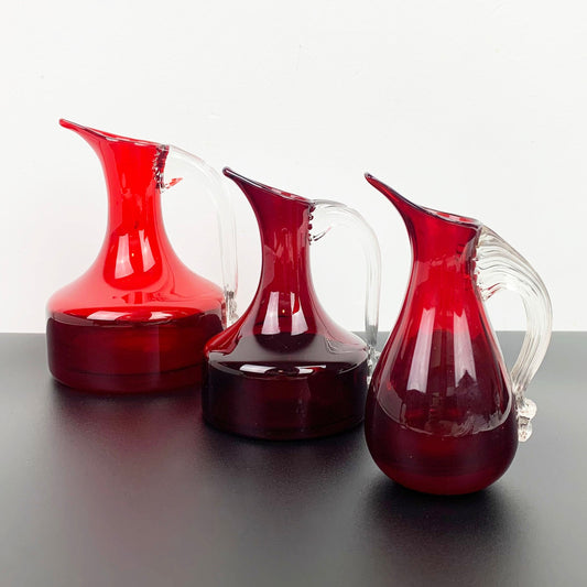 Whitefriars rube red glass jugs